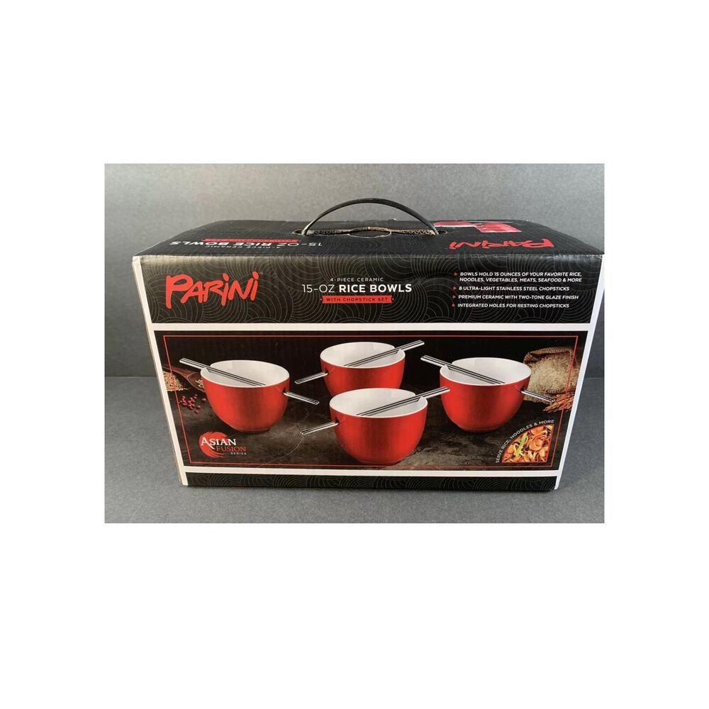 Parini Set Of 4 Red Ceramic Rice Bowls With 8 Stainless Steel Chopsticks New
